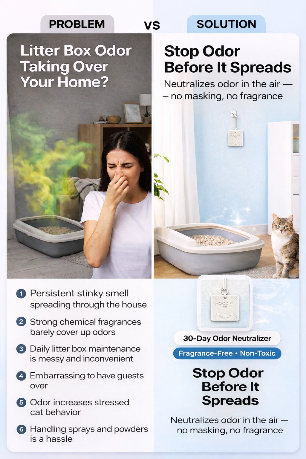 MoodifyPet Smell Nothing. That’s the Point. A 30-day odor neutralization system that works in the air around your litter box—no sprays, no fragrances, no daily effort. MoodifyPet